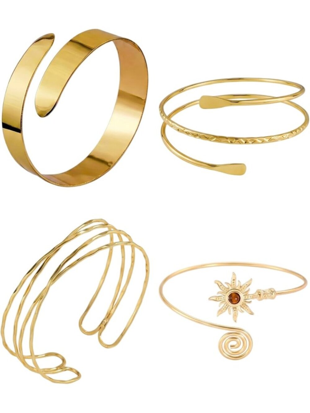 Minimalist Gold Coil Arm Cuff Jewelry Set - 4 Pcs Simple Open Armbands for Women